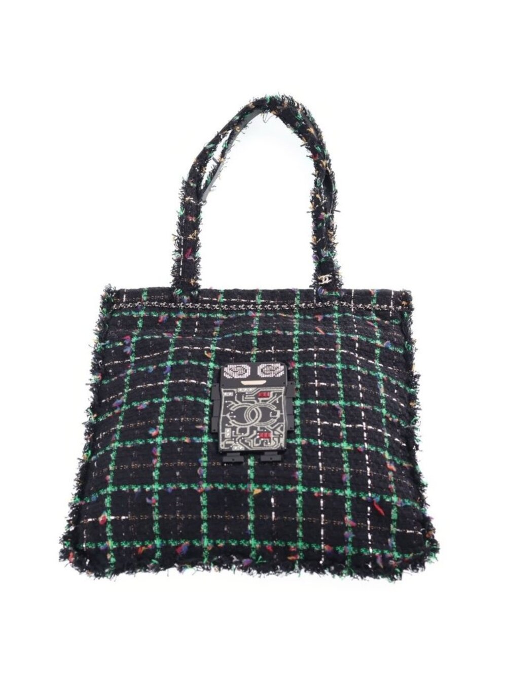 Chanel Tweed Tote Bag Black Green with CC Logo Plate